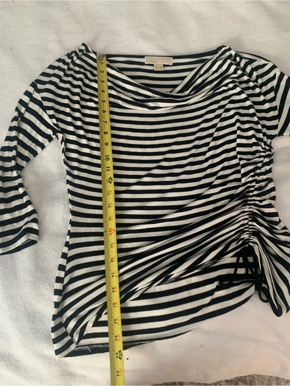 Michael Kors Black and White Striped Ruched Side Boatneck Top Size M